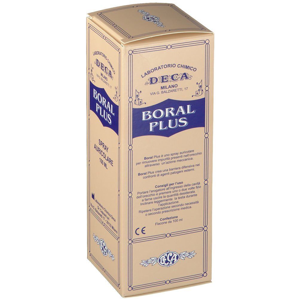 Confezione di Boral Plus Spray Auricolare con marchio CE, 100 ml.