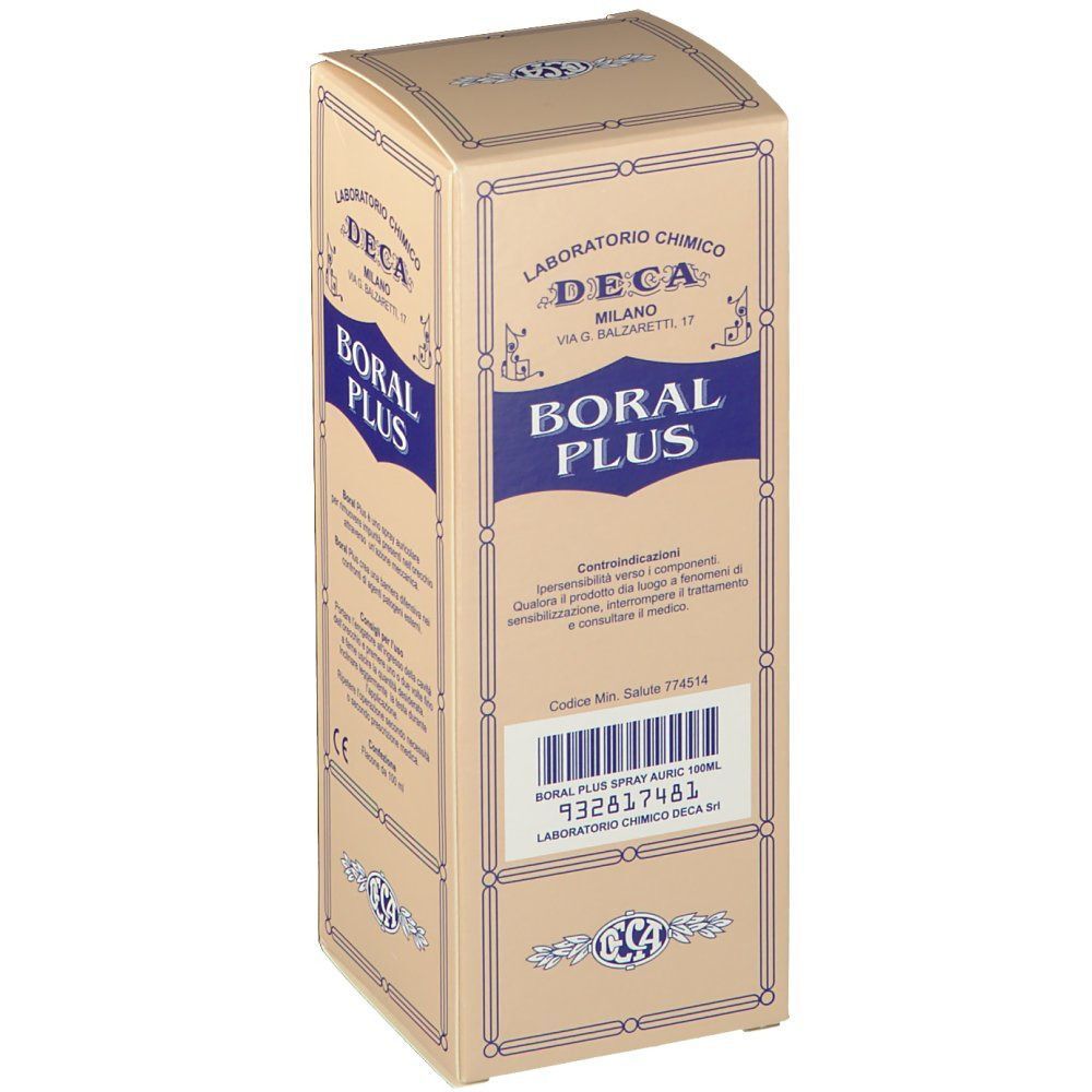 Confezione di Boral Plus Spray Auricolare con codice prodotto e marchio CE.