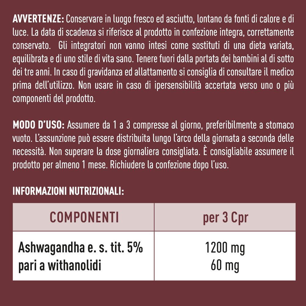 Retro di un flacone di Ashwagandha KSM-66 con avvertenze, modo d'uso e informazioni nutrizionali.