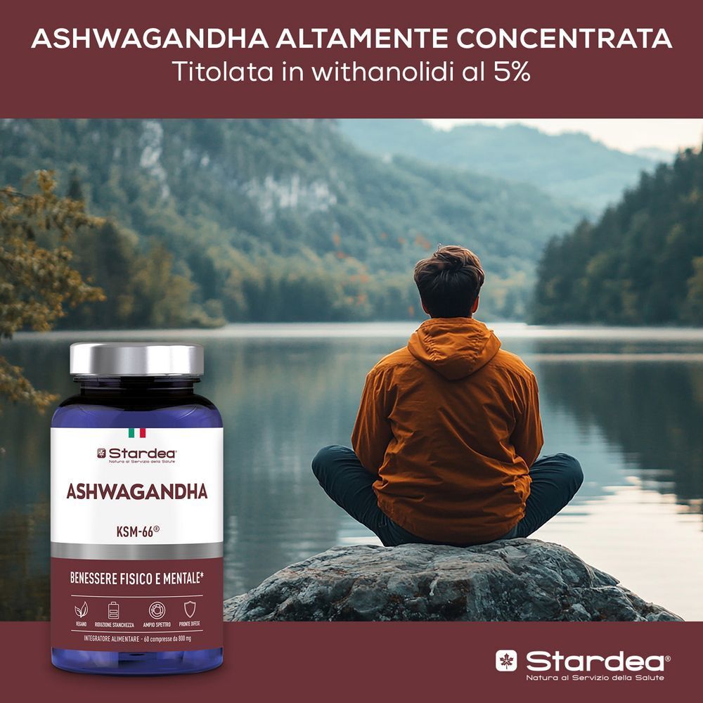 Flacone di Ashwagandha KSM-66 Stardea accanto a una persona seduta su una roccia in riva al lago.