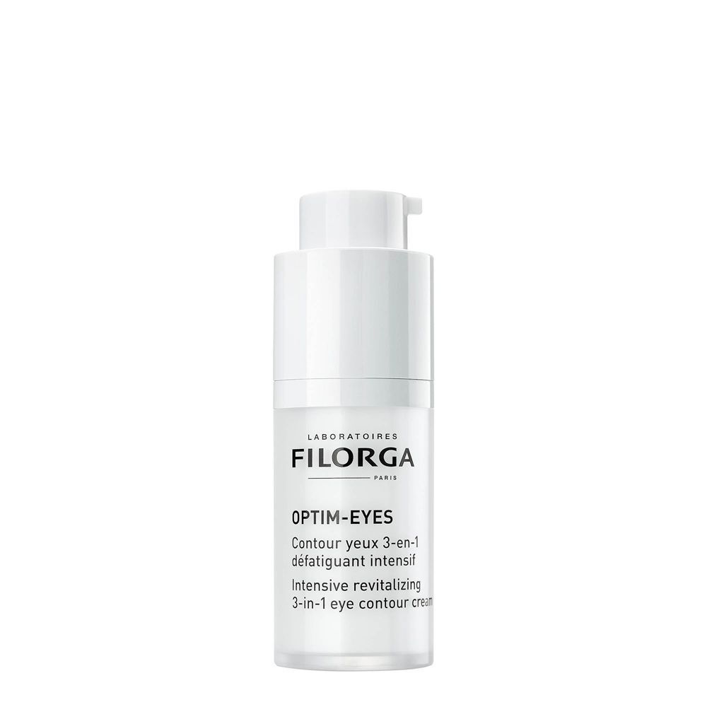 Un flacone di crema contorno occhi Filorga Optim-Eyes con dispenser.