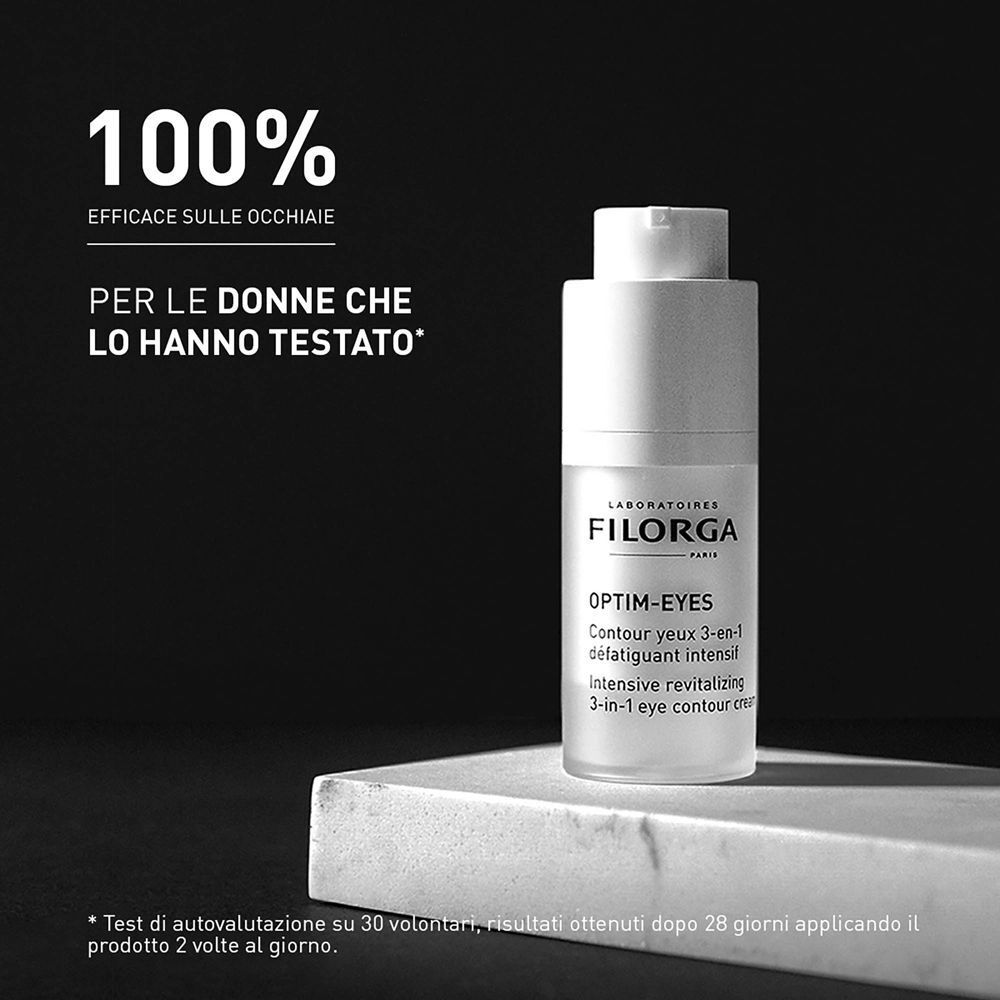 Crema contorno occhi Filorga Optim-Eyes su piedistallo, efficacia 100%.