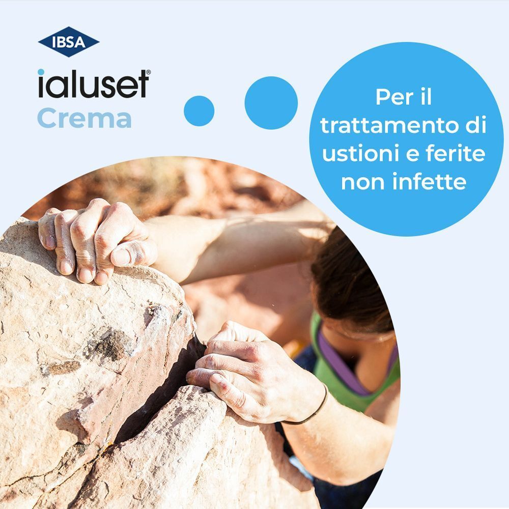 Mani di una persona che scala una roccia, con logo e testo Ialuset® Crema.