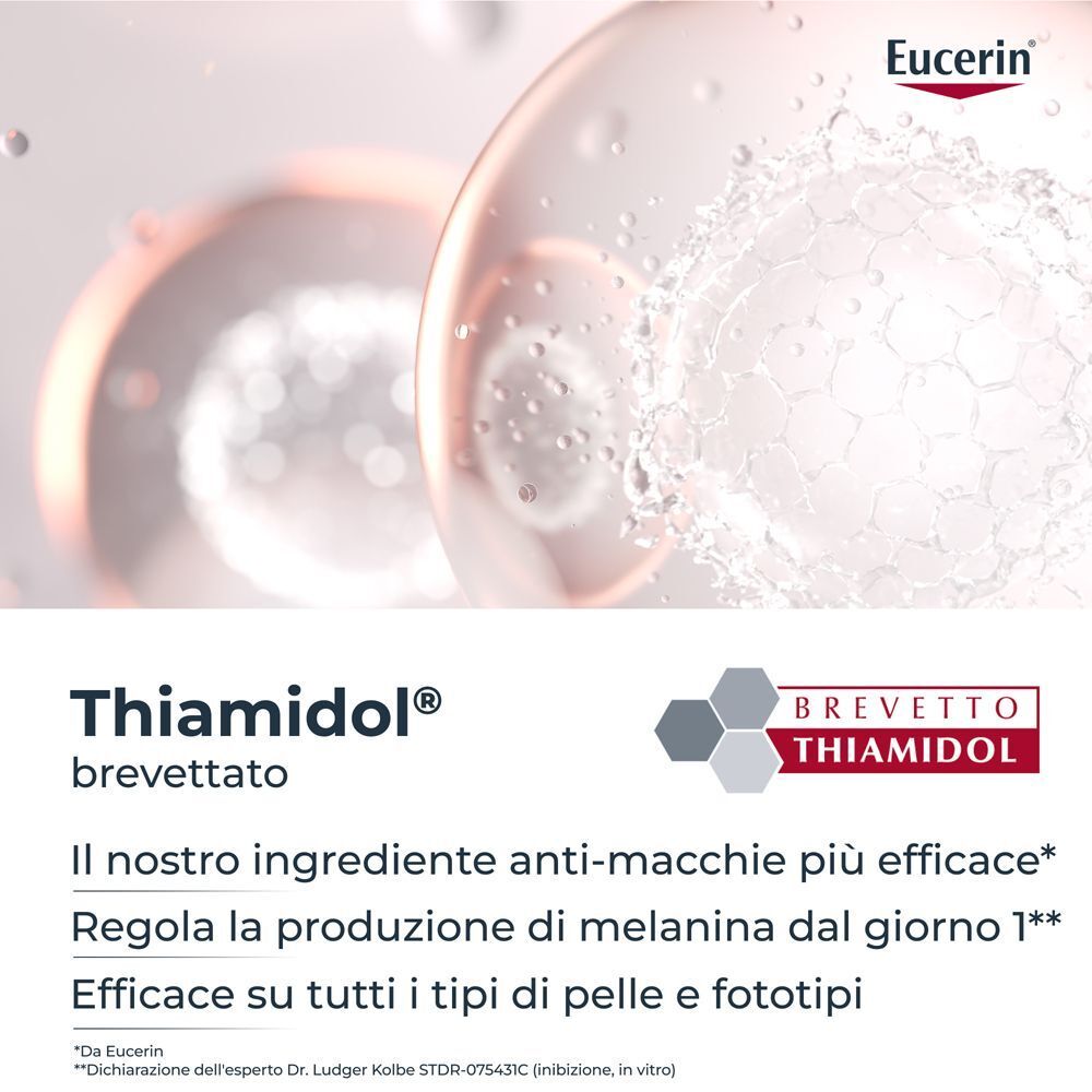 Primo piano di molecole e scritta "Thiamidol brevettato", l'ingrediente anti-macchie più efficace.