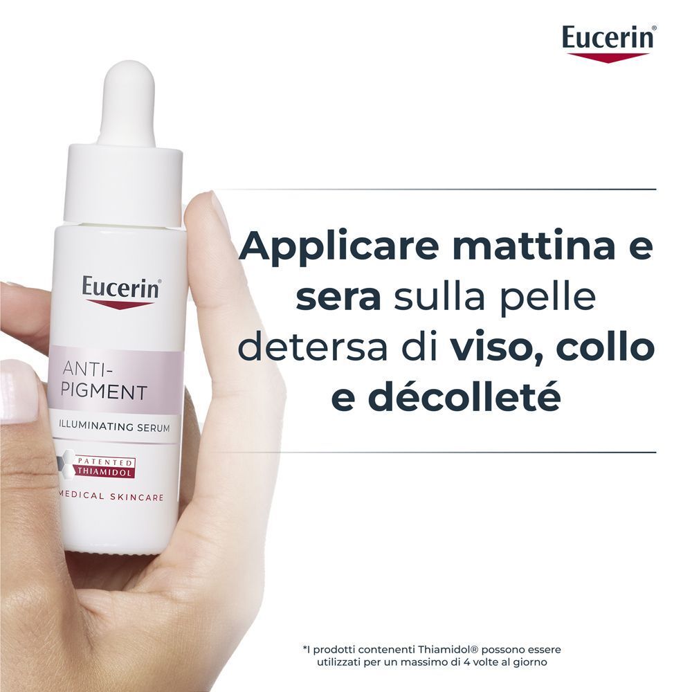 Mano tiene un flacone Eucerin Anti-Pigment Siero Illuminante, mostra applicazione su viso e décolleté.
