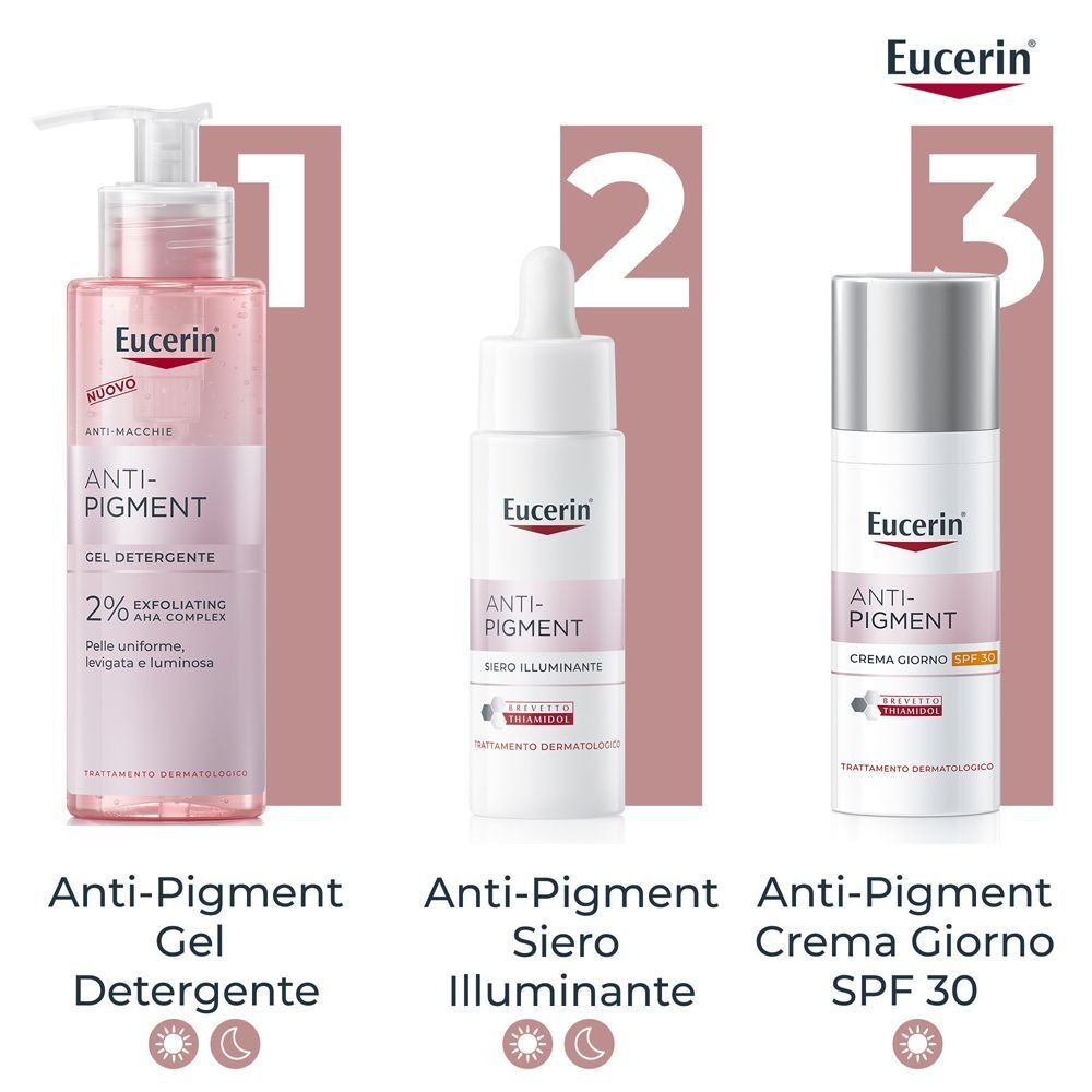 Linea Eucerin Anti-Pigment: Gel detergente, siero illuminante, crema giorno SPF 30.