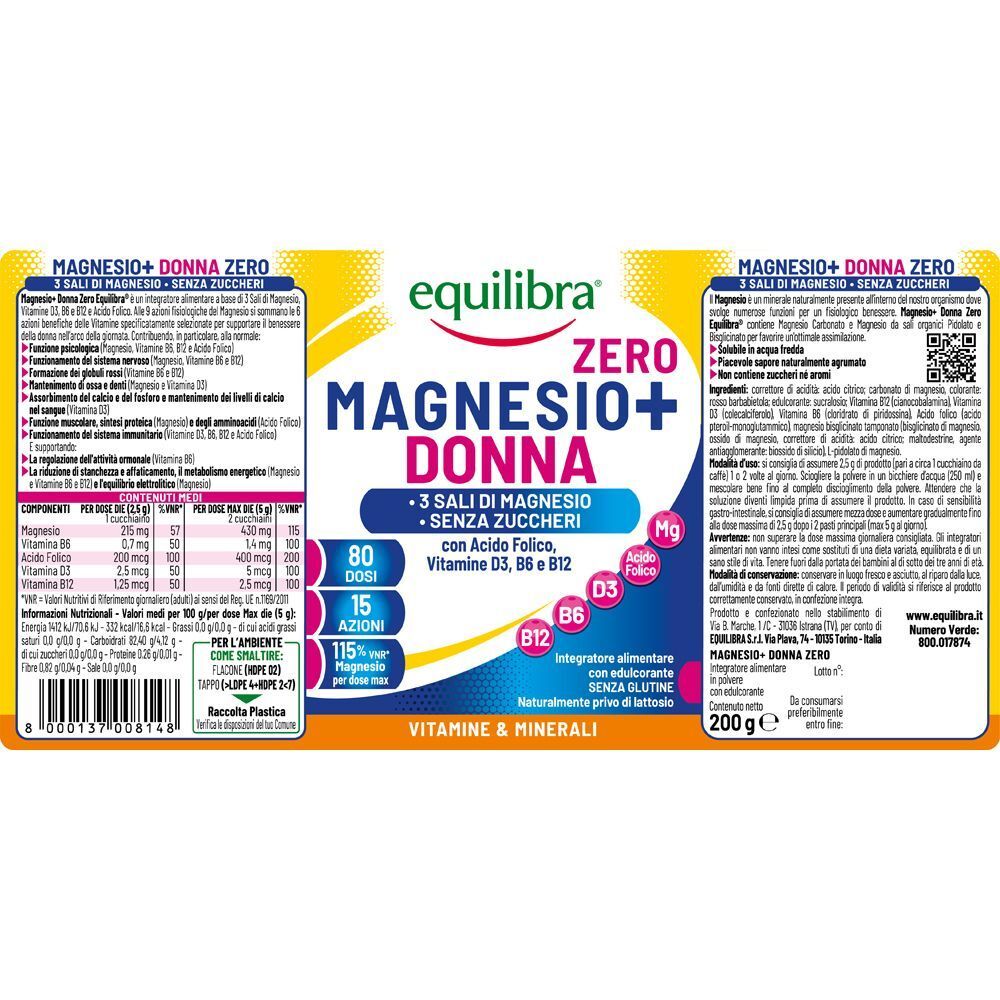 Confezione Equilibra Magnesio+ Donna Zero Polvere con informazioni nutrizionali e ingredienti.