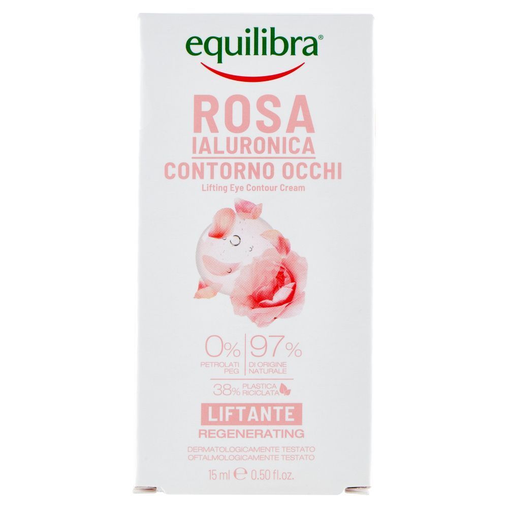 Una scatola di crema contorno occhi liftante Equilibra Rosa Ialuronica con motivo floreale.