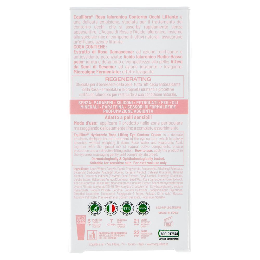 Retro di una confezione di crema contorno occhi liftante Equilibra Rosa Ialuronica con ingredienti e istruzioni.