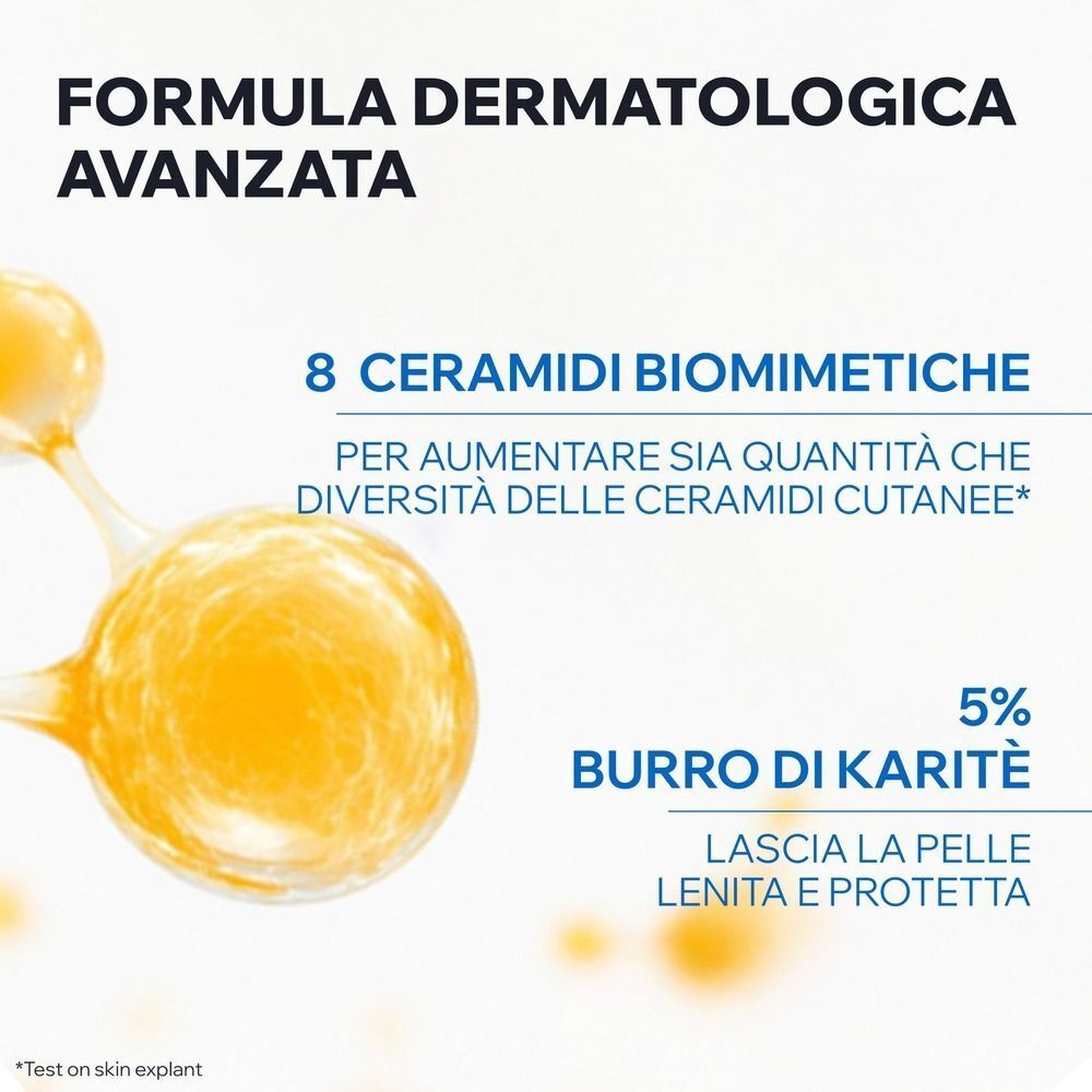 Grafica con 8 ceramidi biomimetiche e 5% burro di karité per Uriage Xemose C++.