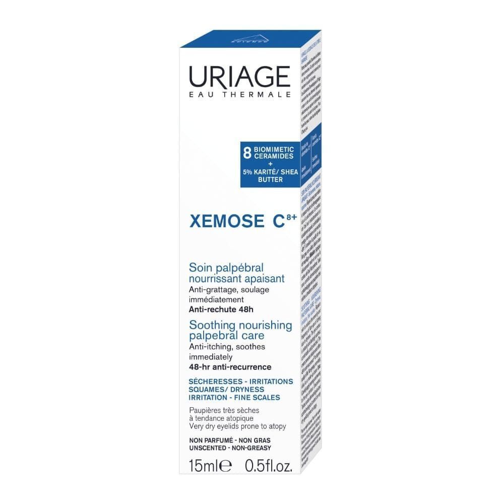 Confezione del trattamento palpebrale Uriage Xemose C++ con dettagli su ceramidi e burro di karité.