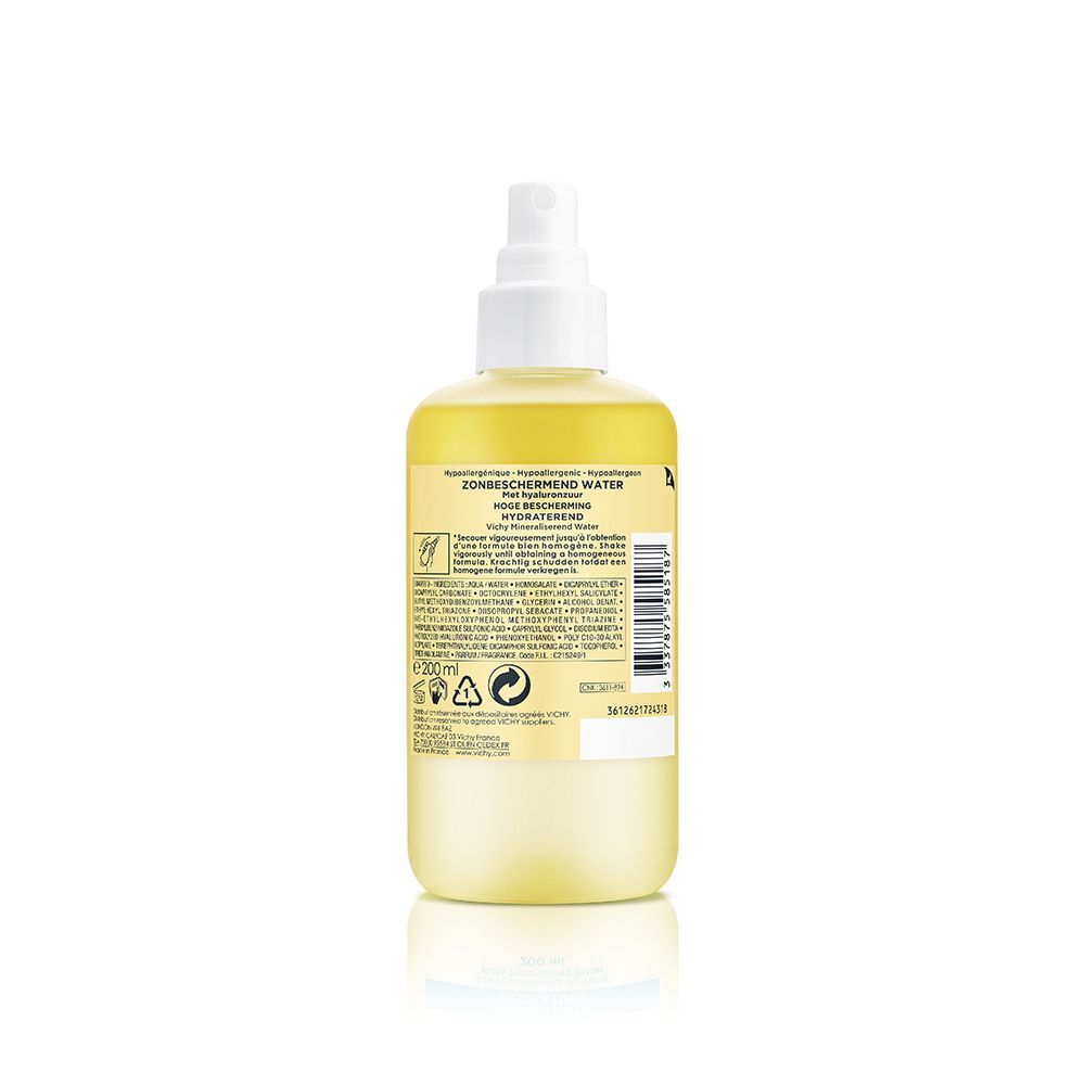 Retro di un flacone Vichy Capital Soleil Acqua Solare Protettiva SPF 30. Contiene informazioni sugli ingredienti.