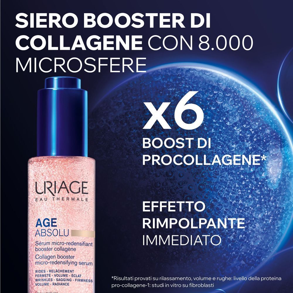 Flacone di siero Uriage Age Absolu accanto a una rappresentazione del boost di pro-collagene.