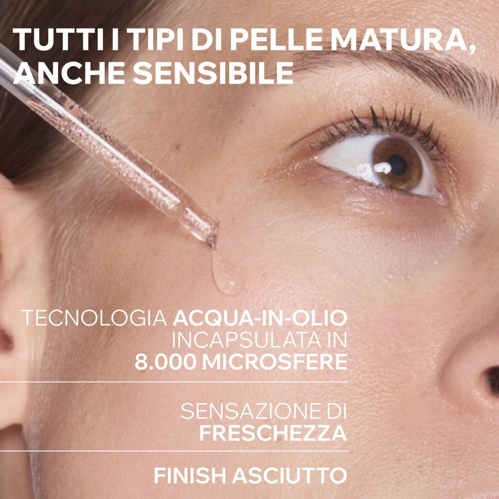 Primo piano di una pelle con gocce di siero da un contagocce. Testo sulla tecnologia.