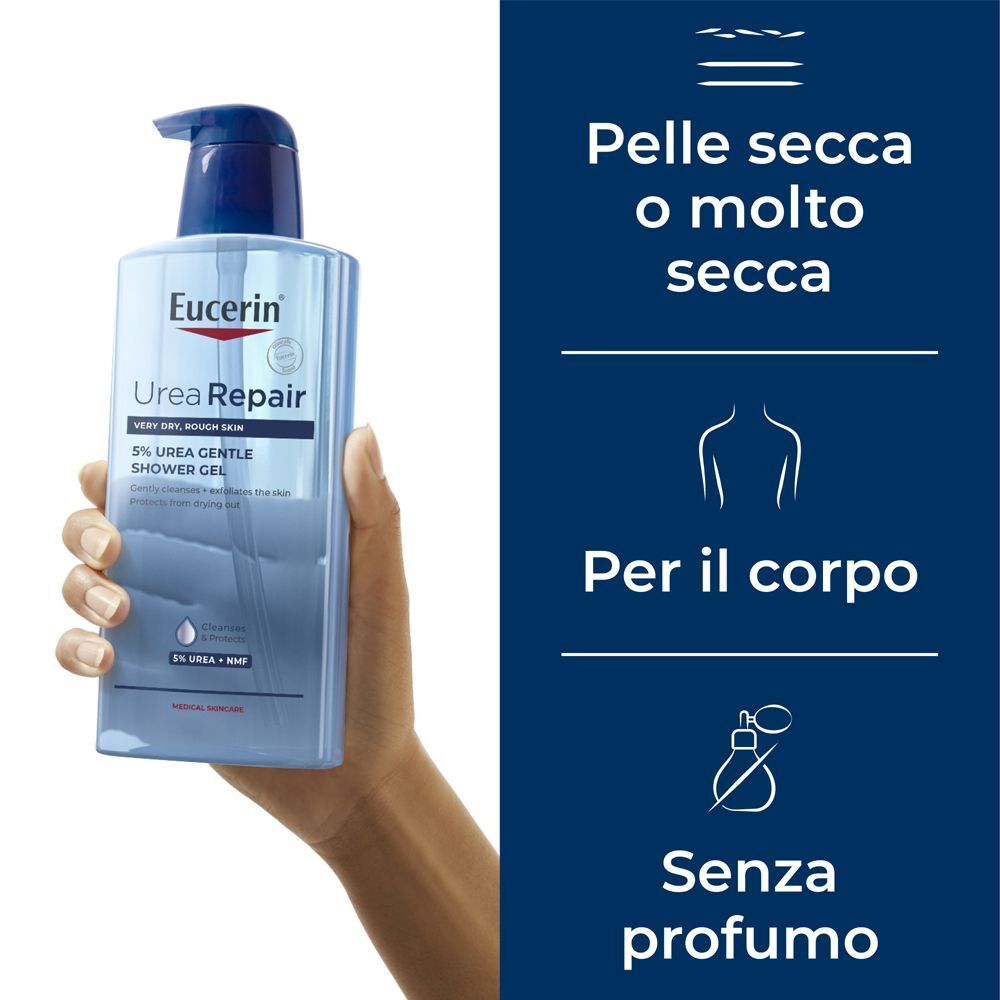 Mano che tiene il gel doccia Eucerin UreaRepair 5% Urea; testo su pelle secca e senza profumo.