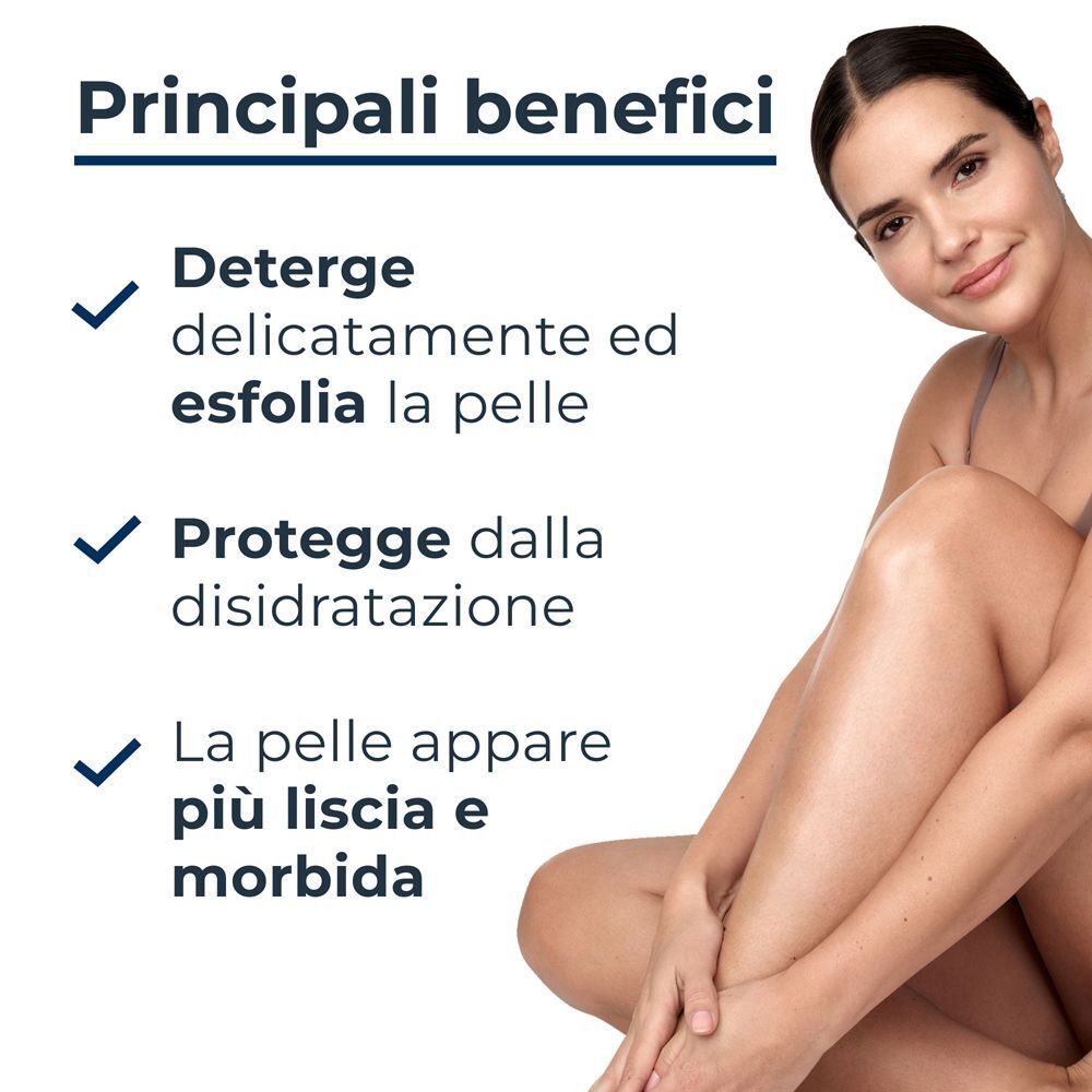Donna con pelle liscia accanto ai benefici di Eucerin UreaRepair 5% Urea.