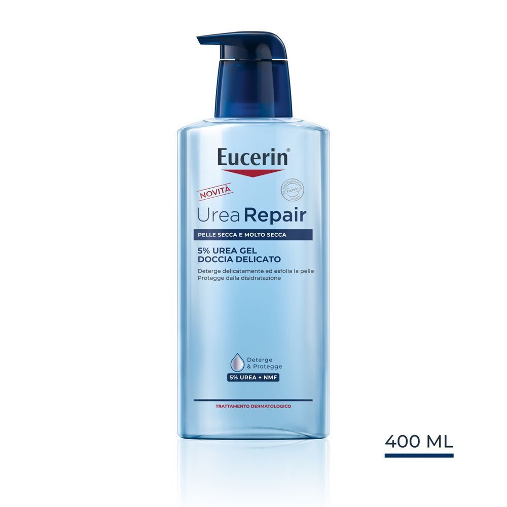 Eucerin UreaRepair 5% Urea Gel Doccia, flacone da 400 ml con dispenser.