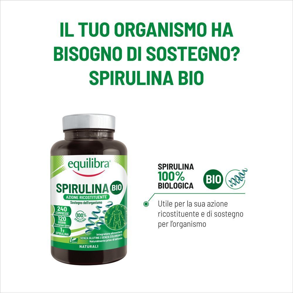 Un flacone Equilibra Spirulina Bio da 240 compresse, biologico.