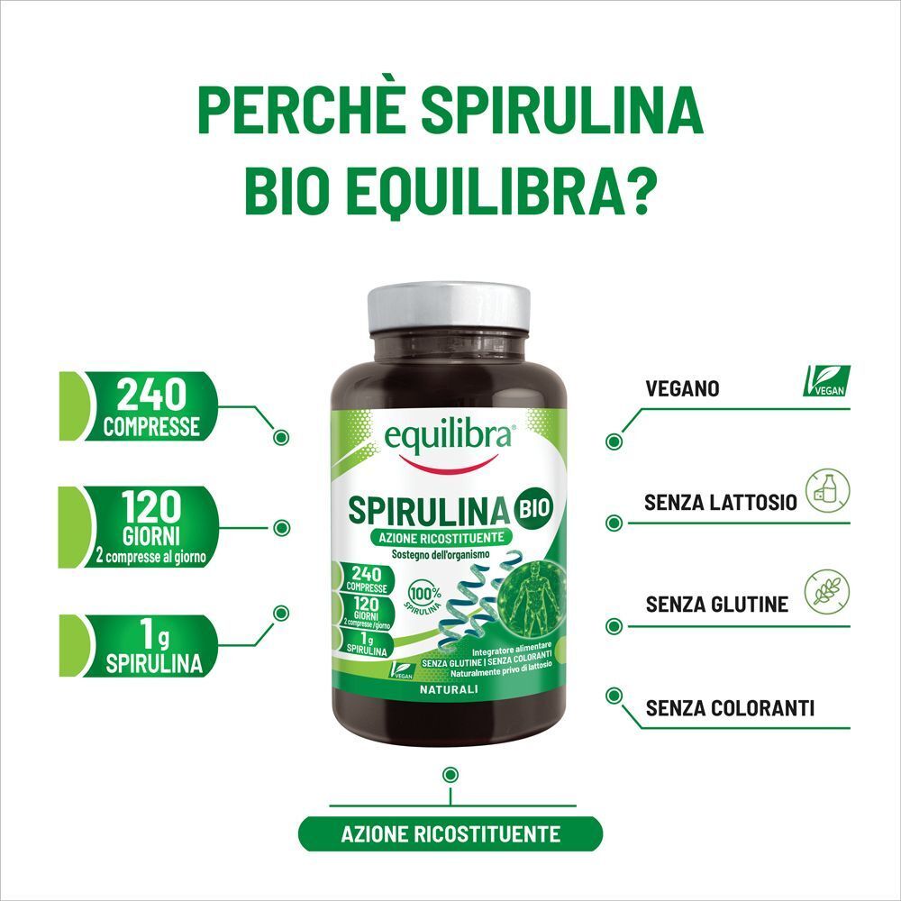 Flacone Equilibra Spirulina Bio da 240 compresse, vegano, senza glutine.