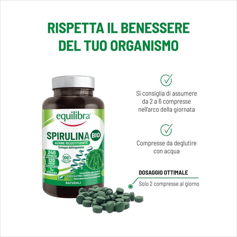 Flacone Equilibra Spirulina Bio e 240 compresse, scorta per 120 giorni.