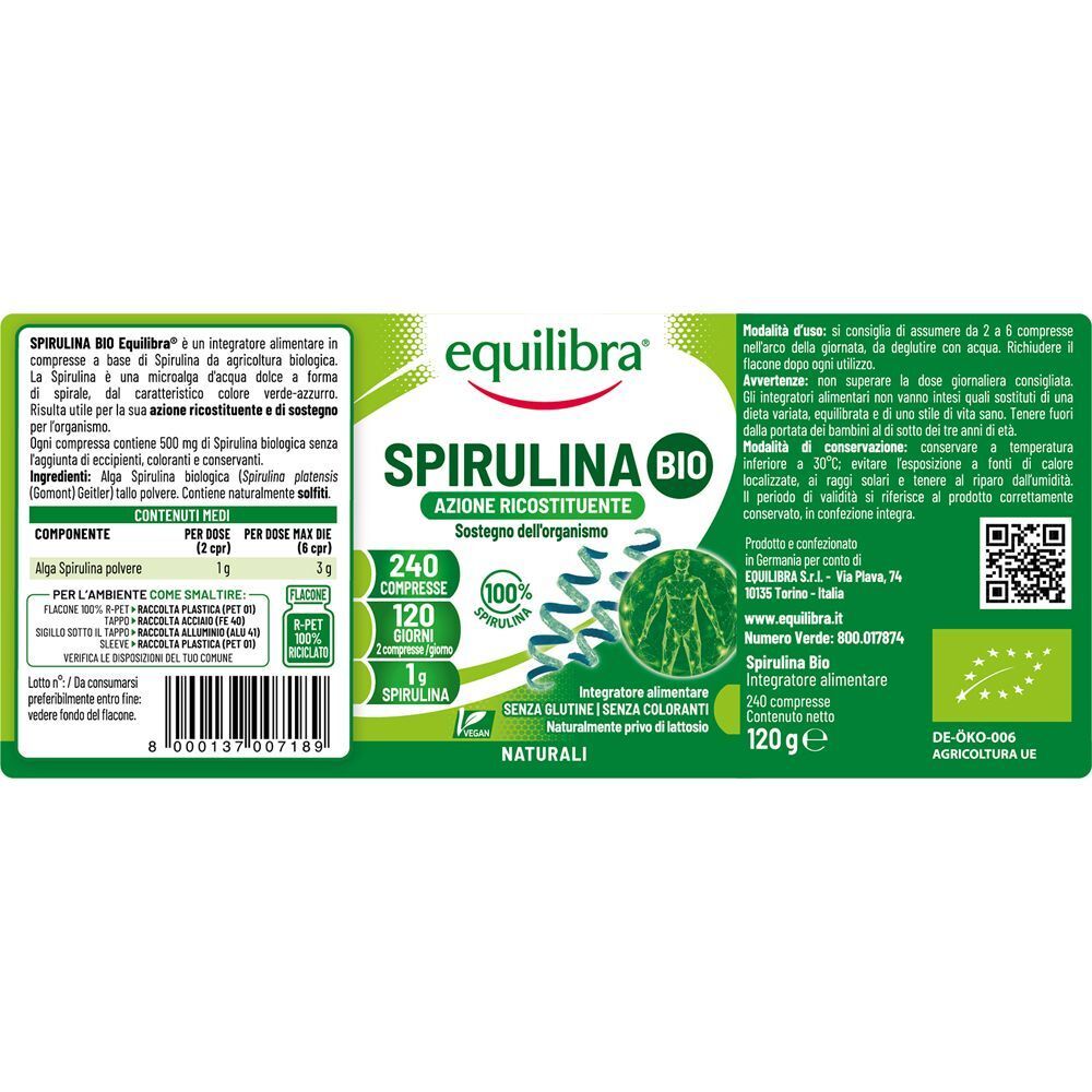 Confezione Equilibra Spirulina Bio 240 compresse, 120g, marchio Bio.