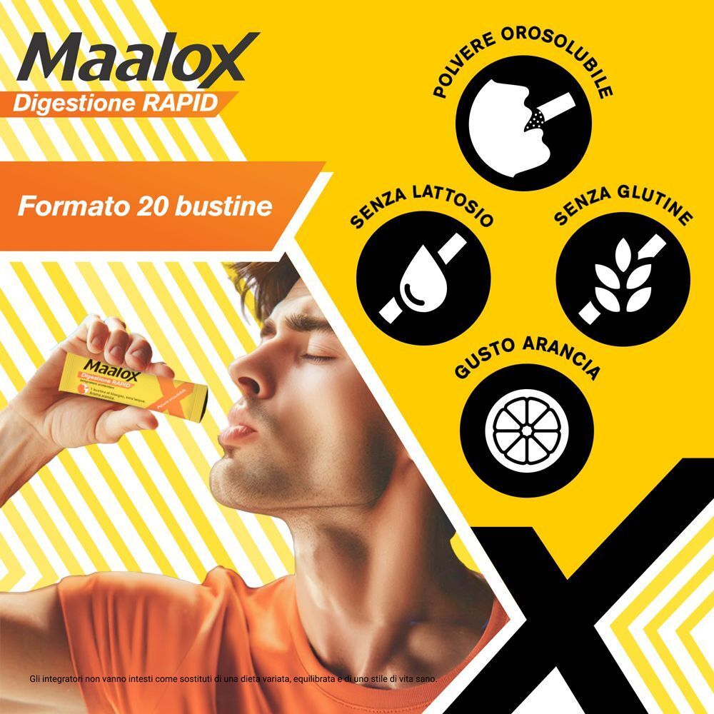 Maalox Digestione RAPID: 20 bustine, polvere orale, gusto arancia, senza lattosio/glutine.