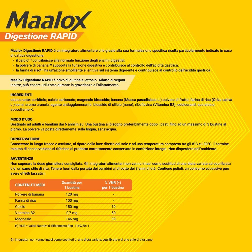 Maalox Digestione RAPID: Lista ingredienti, valori nutrizionali per bustina, uso e conservazione.