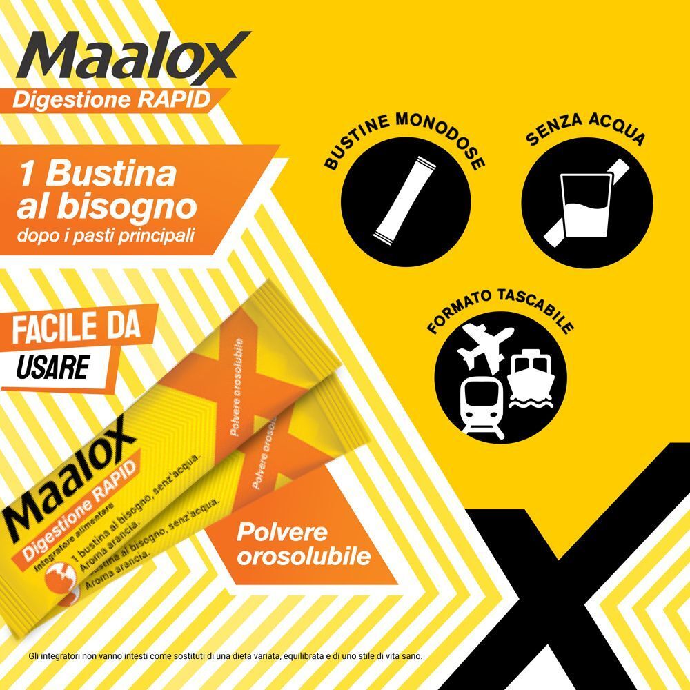 Maalox Digestione RAPID: 1 bustina al bisogno, facile da usare, polvere orosolubile.