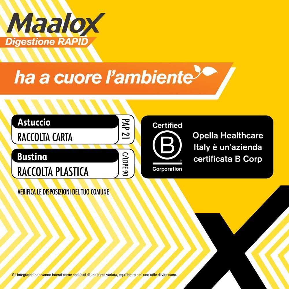 Maalox Digestione RAPID: Astuccio e bustina per la raccolta differenziata.