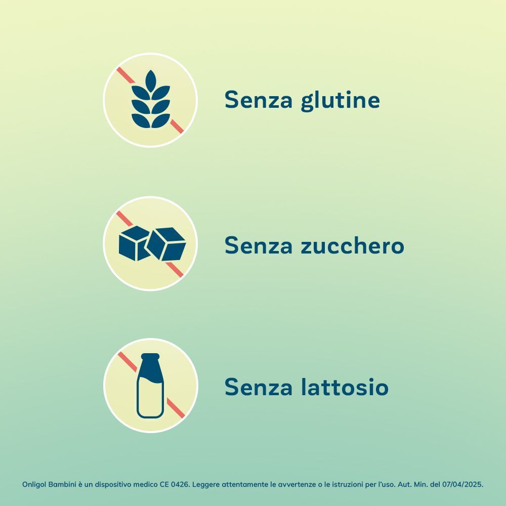 Icone: Senza glutine, senza zucchero, senza lattosio. Per bambini dai 6 mesi.