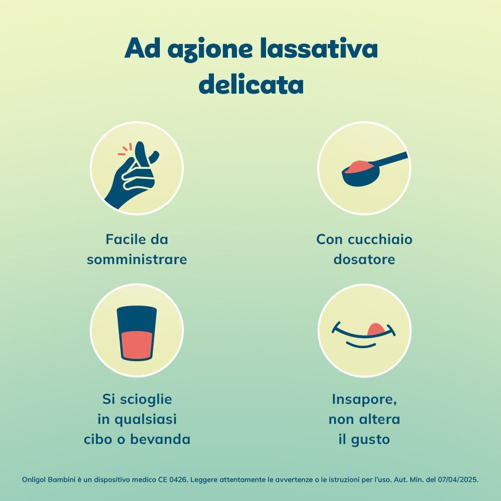 Quattro icone: Facile da somministrare, con misurino, si scioglie, insapore.