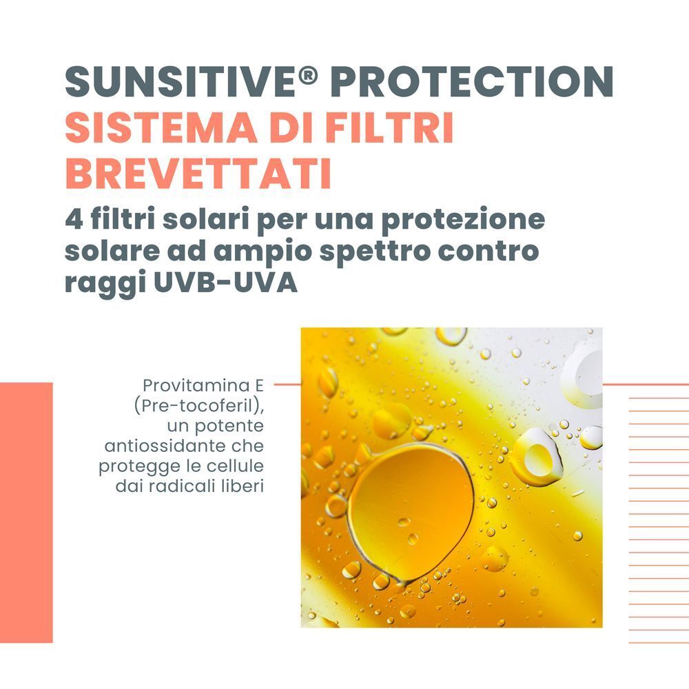 Sistema Avène Sensitiv Protection con 4 filtri UVA/UVB. Contiene Pro-Vitamina E.