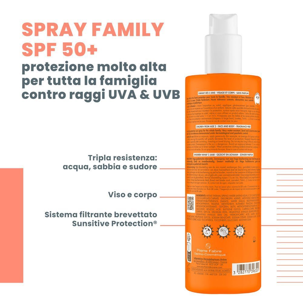 Retro di un flacone di spray solare Eau Thermale Avène SPF 50+, con informazioni sul prodotto.