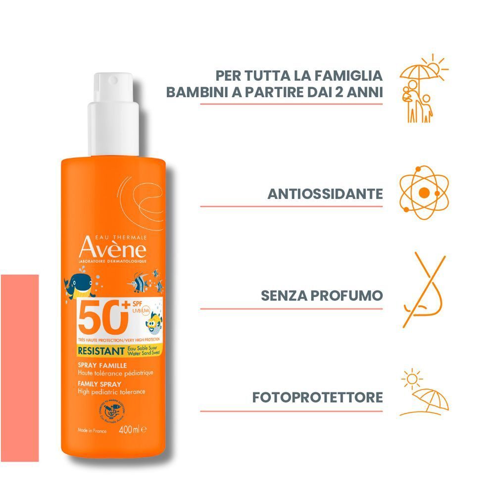 Spray solare Eau Thermale Avène SPF 50+ per bambini, con icone per antiossidante e senza profumo.