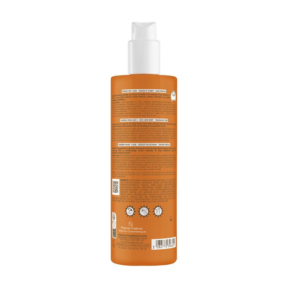 Retro di un flacone di spray solare Eau Thermale Avène SPF 50+, con codice a barre e sigilli.