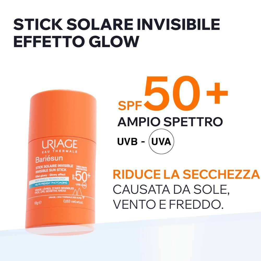 Uno stick solare invisibile URIAGE BARIESUN SPF50+ con corpo arancione, che riduce la secchezza causata da sole, vento e freddo.