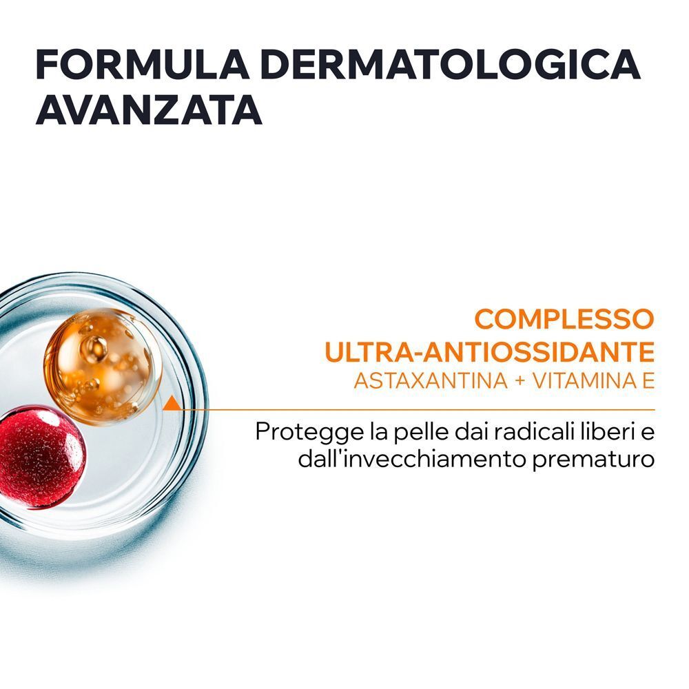 Vetreria di laboratorio con capsule di astaxantina e vitamina E, che rappresentano la formula avanzata dello stick URIAGE BARIESUN.