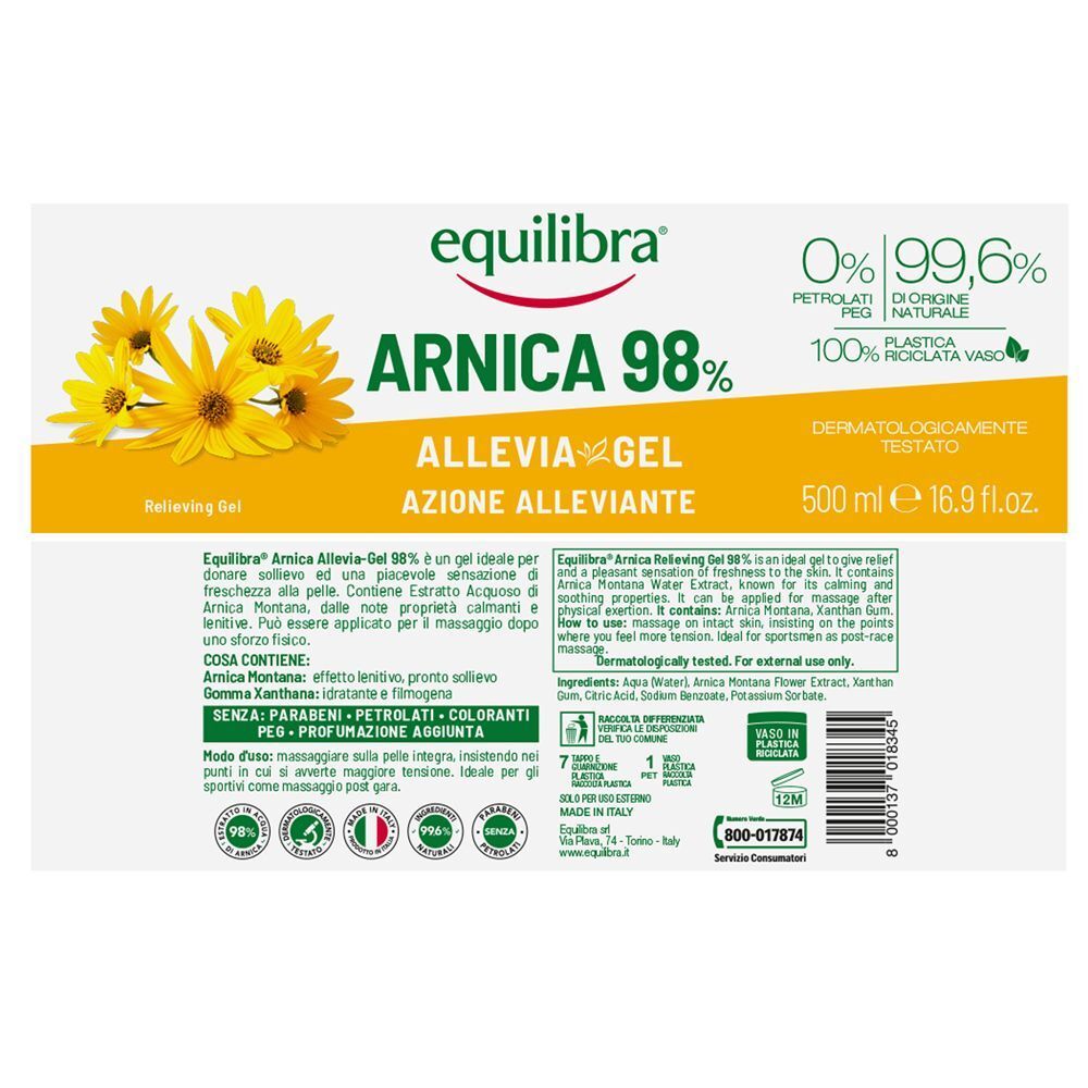 Un vaso di Equilibra Arnica 98% Allevia Gel con informazioni dettagliate sul prodotto.
