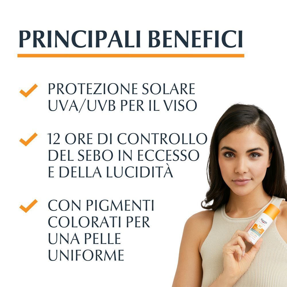 Donna con crema solare Eucerin, benefici: protezione UVA/UVB, controllo sebo 12h, incarnato uniforme.