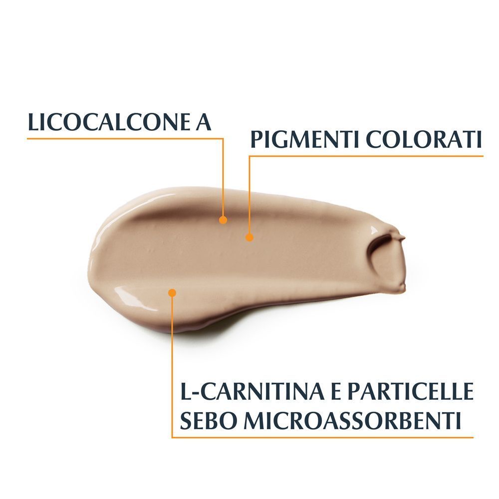 Texture crema con Licochalcone A, pigmenti colorati e particelle sebo-assorbenti.