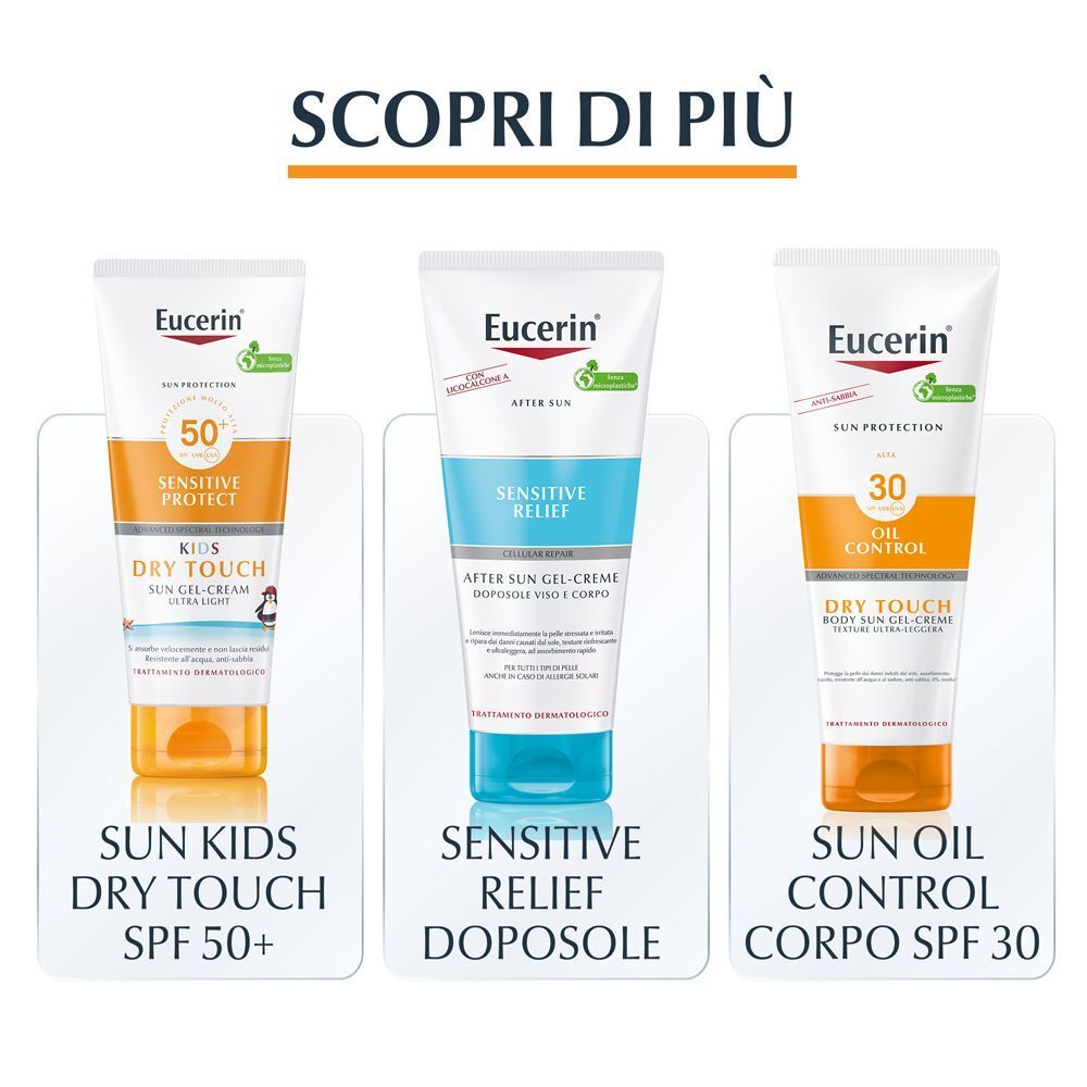 Protezione solare Eucerin: Sun Kids Dry Touch SPF50+, Sensitive Relief Doposole, Sun Oil Control SPF30.