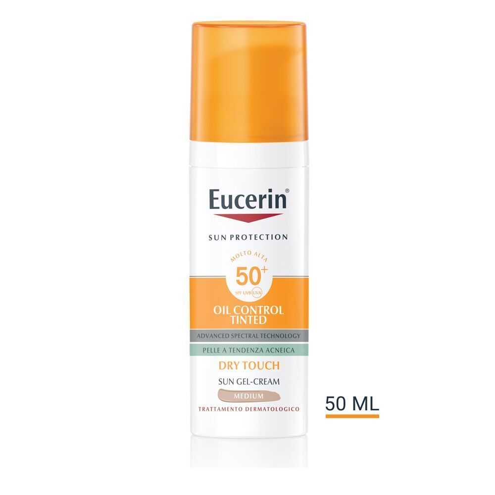Crema solare Eucerin Oil Control Tinted, SPF50+, tonalità media, 50 ml.