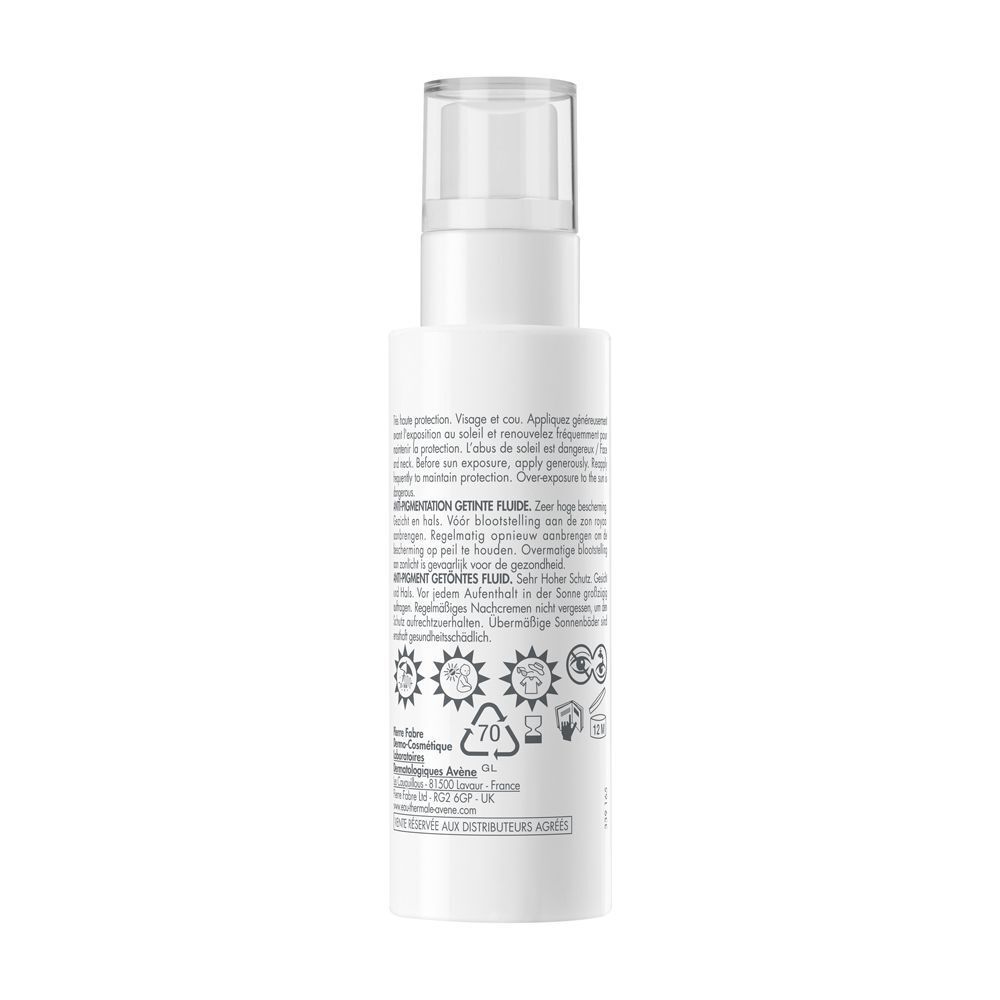 Retro di un flacone Eau Thermale Avène Fluido Anti-Macchie SPF 50+.