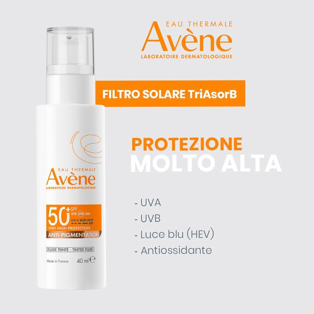 Fluido Avène SPF 50+ con filtro TriAsorB, alta protezione UVA/UVB.