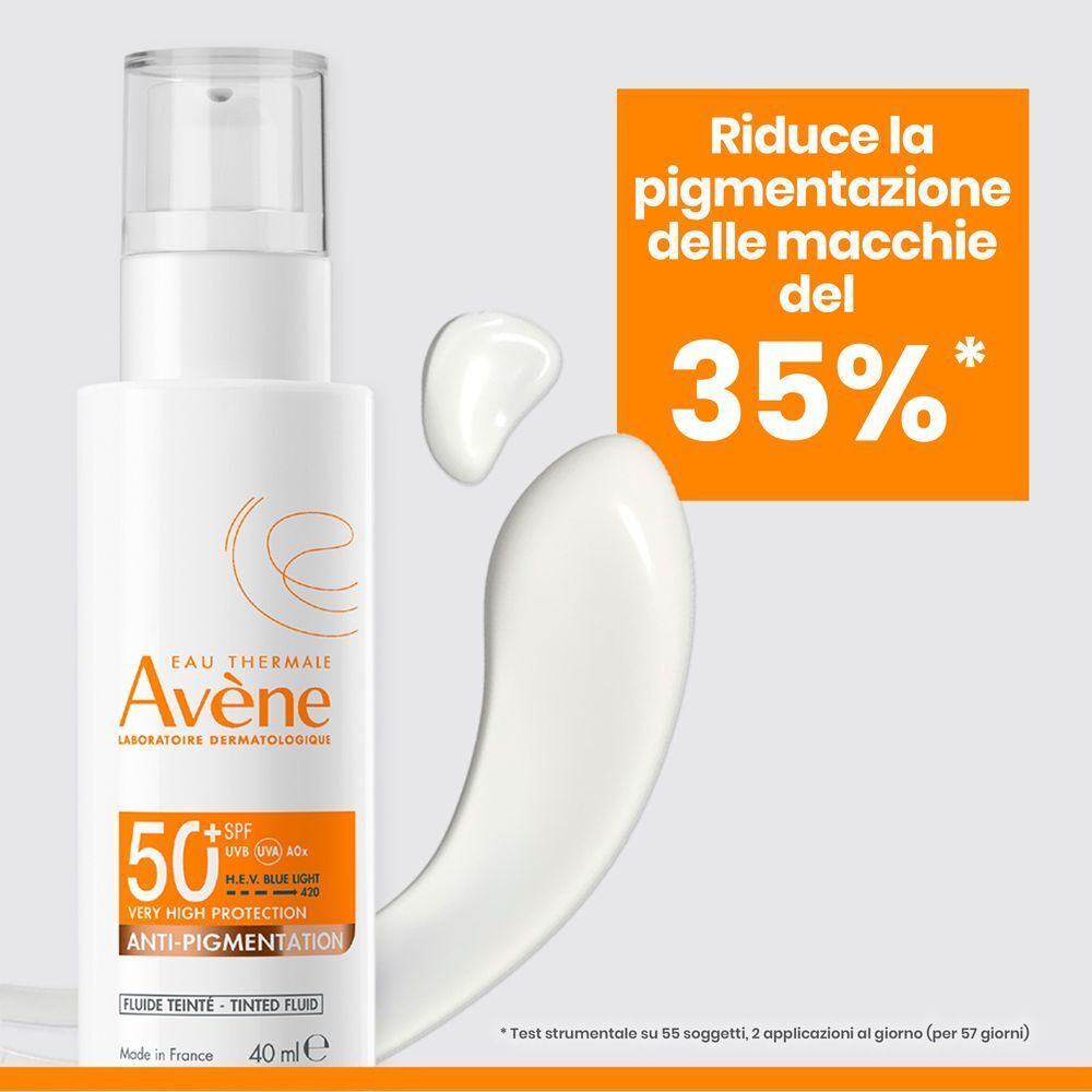 Fluido Avène SPF 50+ riduce la pigmentazione delle macchie del 35%.