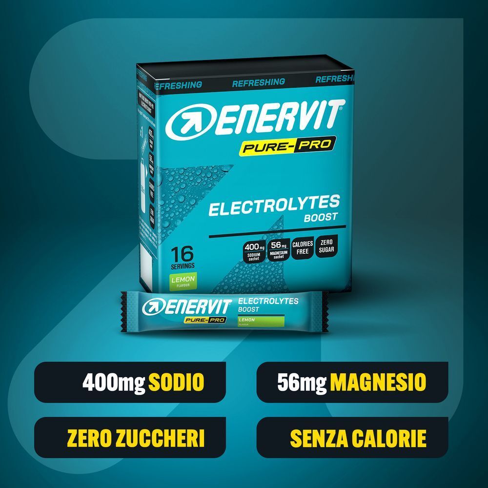 Enervit Pure-Pro Electrolytes Boost: confezione da 16 bustine, limone. Contiene 400mg sodio, 56mg magnesio.