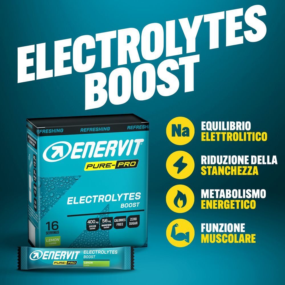 Enervit Pure-Pro Electrolytes Boost: equilibrio elettrolitico, riduzione stanchezza, metabolismo energetico, funzione muscolare.
