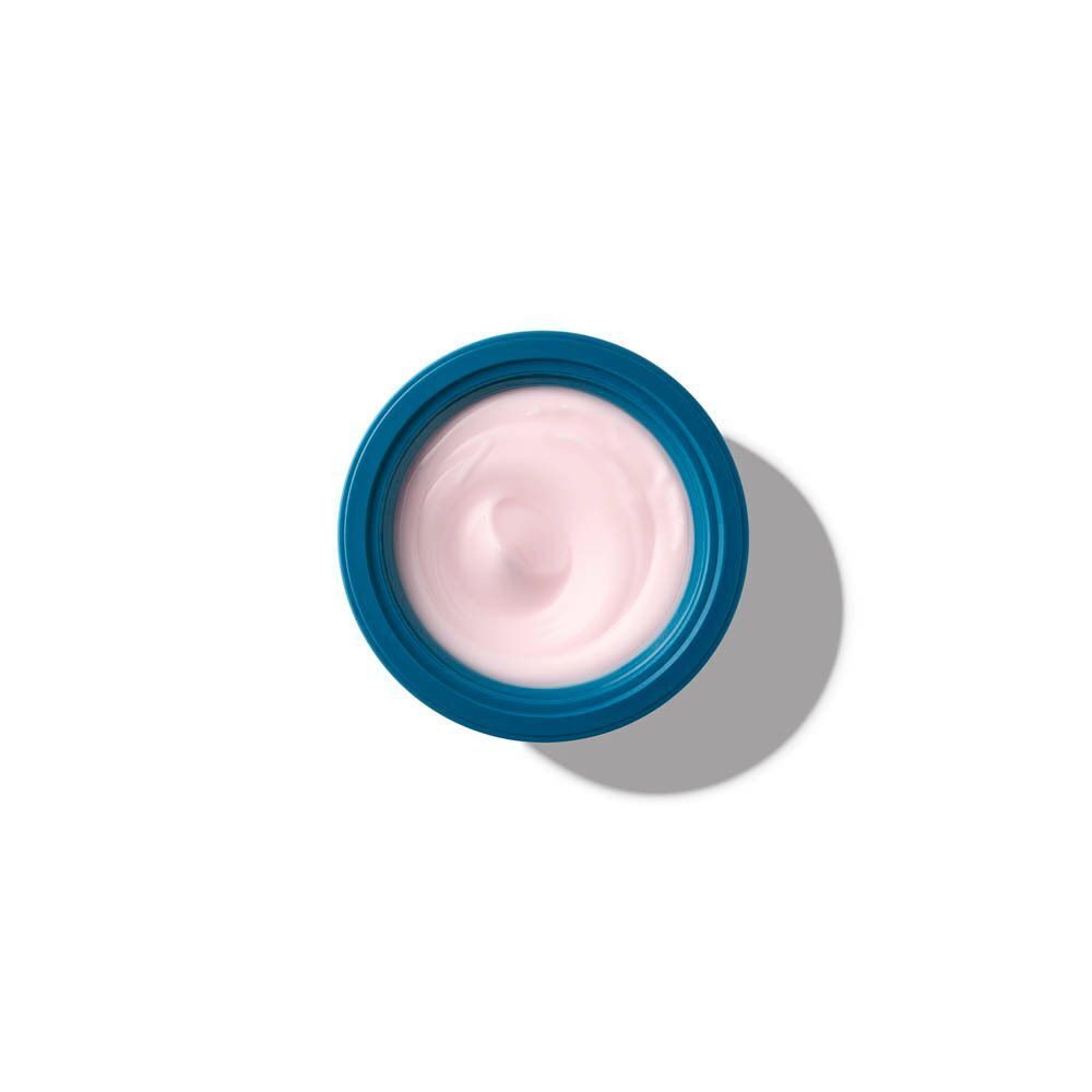 Vista dall'alto di un contenitore blu con crema rosa, ricarica MIAMO Longevity Cell Care Soft Satin Cream.