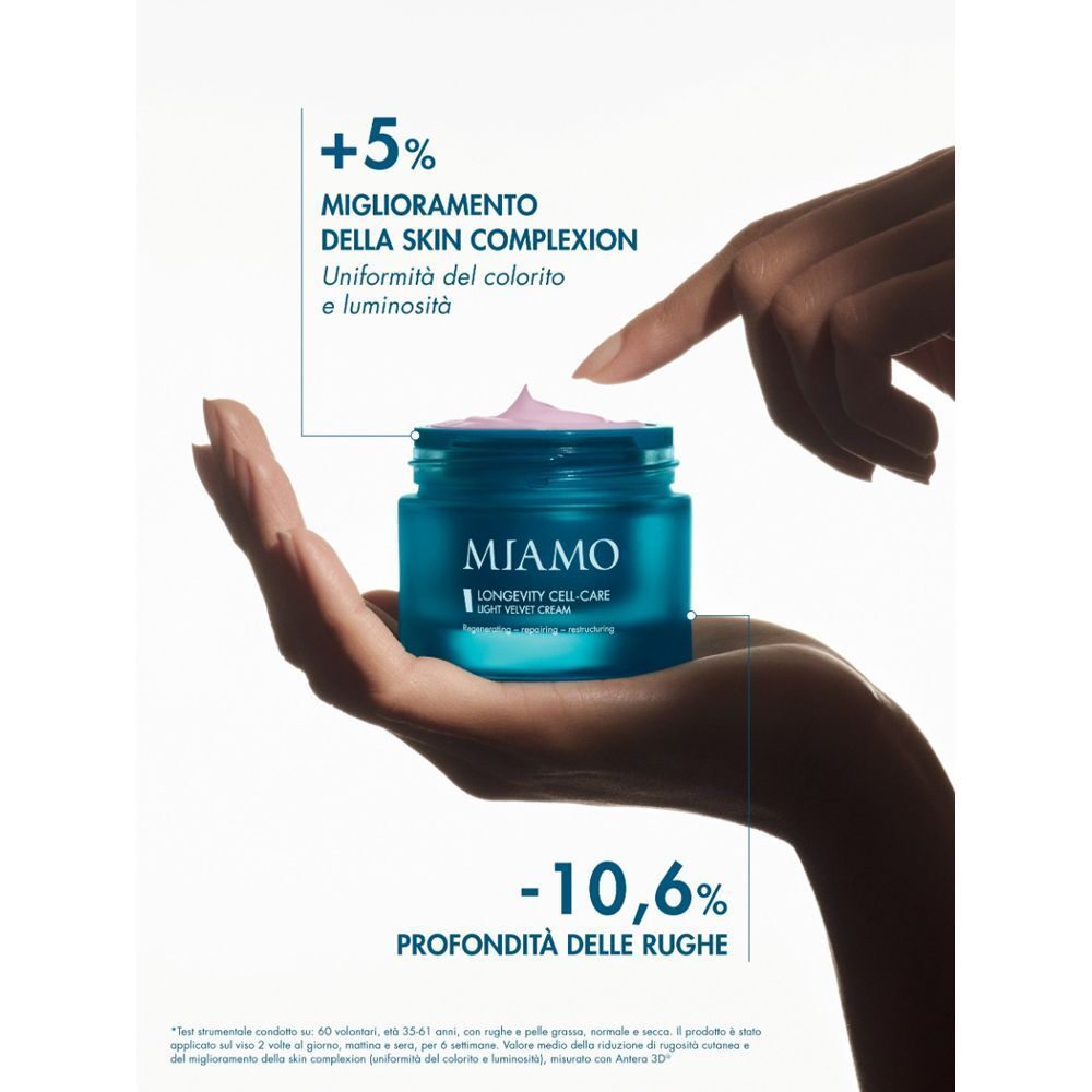 Una mano che presenta un vasetto di MIAMO Longevity Cell-Care Light Velvet Cream.