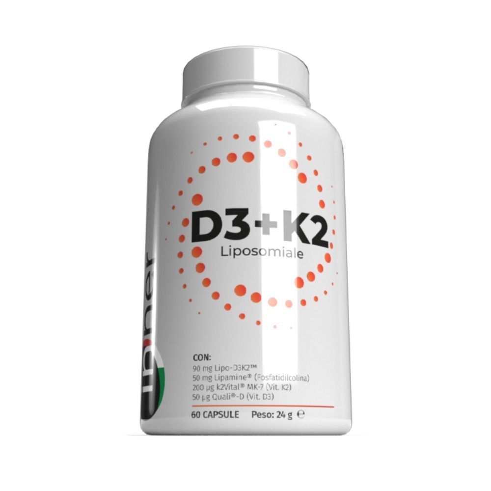 Flacone bianco con scritta D3+K2 Liposomiale, design a cerchio arancione e informazioni prodotto.